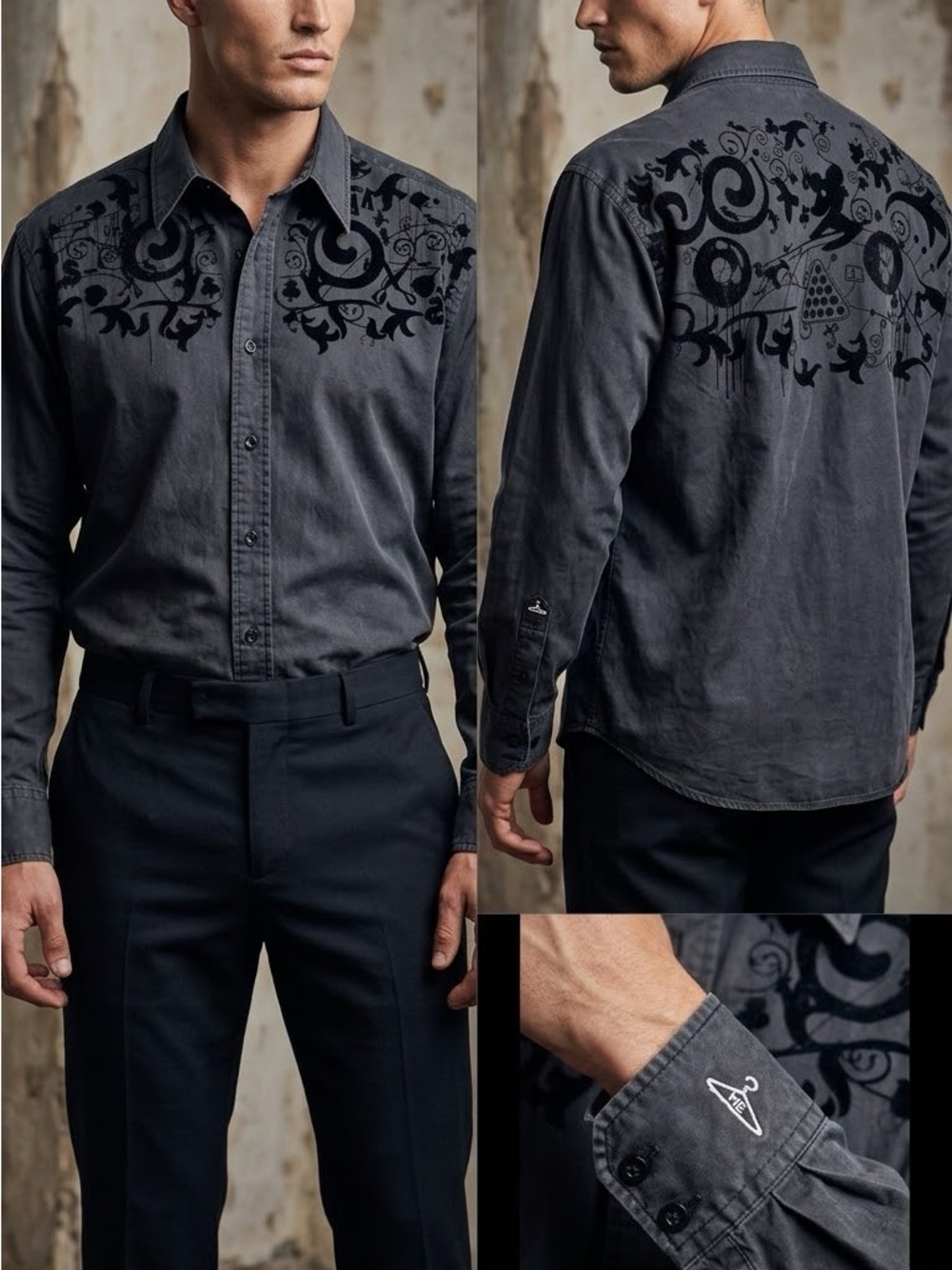 Men's Dark Gray Printed Long-Sleeve Button-Down Shirt